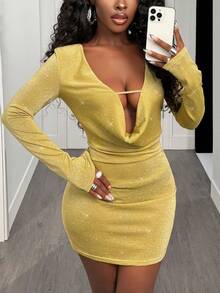 SHEIN BamGlam New Sexy & Elegant Beaded Deep V-Neck Hollow Out Long Sleeve Bodycon Dress For Women, Autumn/Winter - Yellow - View 1