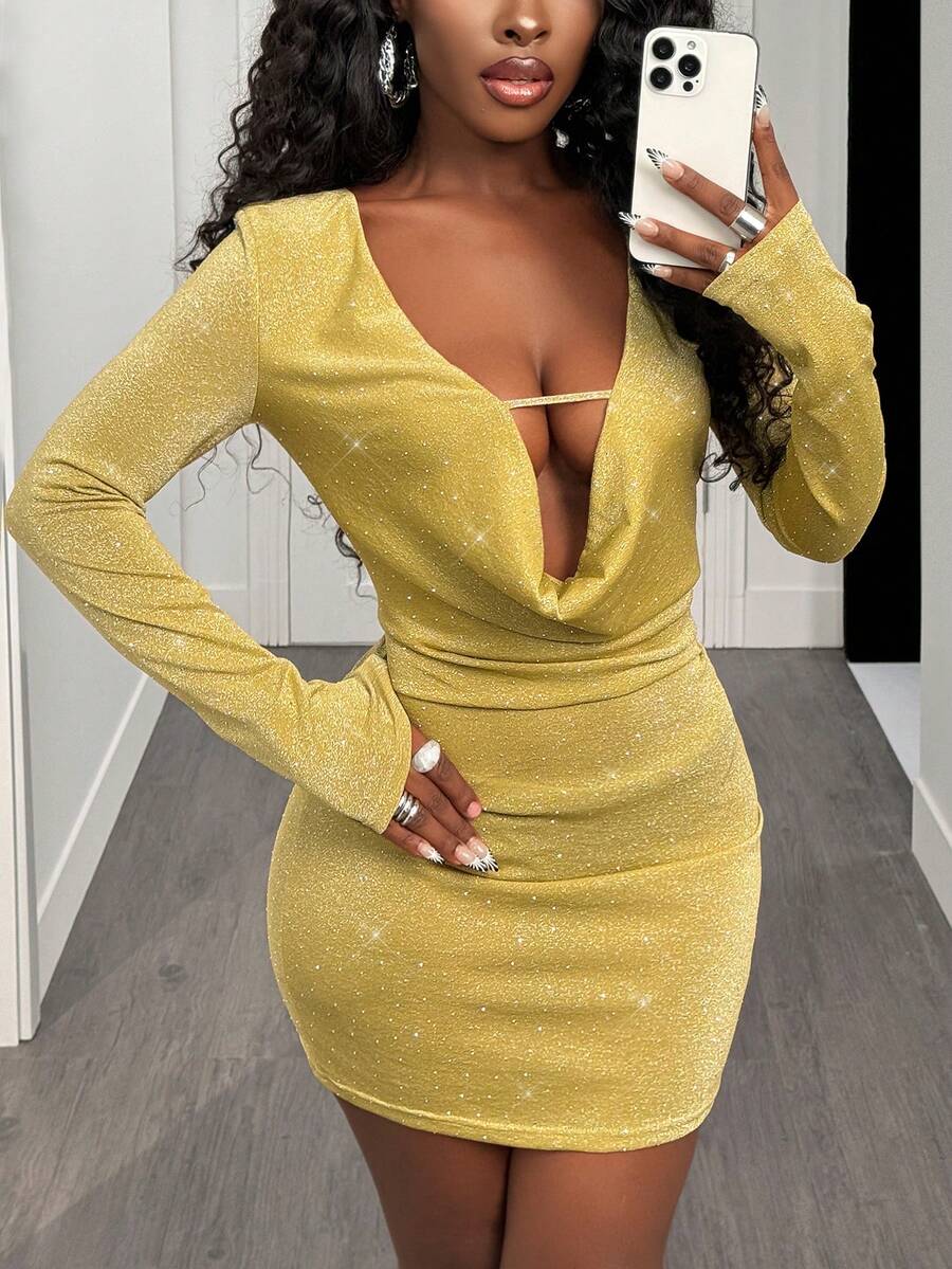 SHEIN BamGlam New Sexy & Elegant Beaded Deep V-Neck Hollow Out Long Sleeve Bodycon Dress For Women, Autumn/Winter - Yellow - View 1