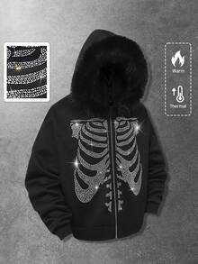 ROMWE MEN Street Life Unisex Rhinestone Embellished Skeleton Zip-Up Hooded Sweatshirt, Casual Street Style, Autumn/Winter, Long Sleeve Top - Black - View 6