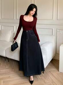 Feyla Váy chữ A ôm eo màu tương phản cổ điển mới, phong cách Hàn Quốc sang trọng - Màu xanh hải quân - Xem 4