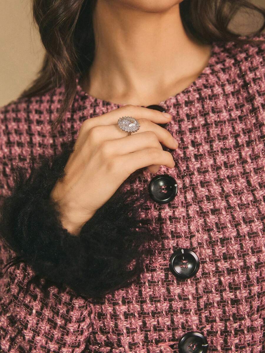 Poéselle Pink Tweed Cropped Jacket With Black Faux Fur Cuffs - Elegant Button Up Blazer, Classy Pearl Detail, Statement Outerwear For Women,Women's Elegant Commuter Plaid Fuzzy Cuff Jacket - Pink - View 1