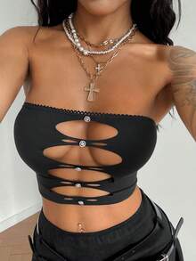 StreetHx Áo crop top thiết kế khoét lỗ phong cách đường phố thường ngày dành cho nữ những năm 2000, áo bandeau màu trơn gợi cảm, thu/đông - màu đen - Xem 1