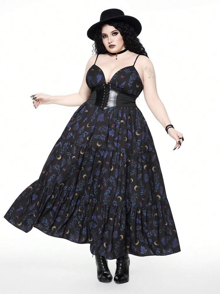 ROMWE Goth Vestido camisero con estampado vintage de luna y plantas para tallas grandes - Multicolor - Añade 6