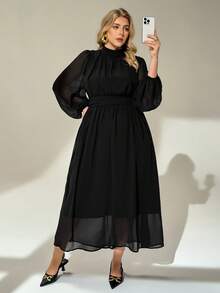 Auralis Plus-Size Women's/Fashionable Elegant Loose Comfortable, Everyday Sheer Chiffon Long-Sleeved Fitted Waist Dress Elegant Dress,Church Dress Outfits Spring - Black - View 3