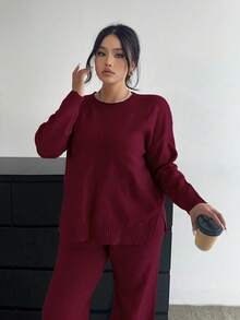 Flirla 柔软舒适修身百搭休闲阔腿裤和长袖针织衫套装 - 酒紅色 - 查看 6