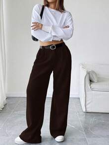 Lumivelle 羊毛灰色褶皱口袋宽松直筒裤，休闲通勤时尚百搭长裤 - 咖啡棕 - 查看 4