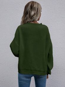 SHEIN LUNE Casual Solid Color Dropped Shoulder Loose Knit Sweater, Autumn/Winter - Green - View 2