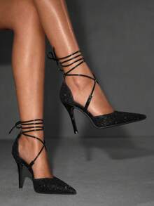 CUCCOO SZL 女士尖头闪光水钻镂空系带高跟鞋，性感迷人派对/宴会/舞台/夜总会鞋 - 黑色 - 查看 6