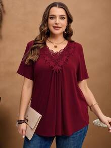 Rosumi Plus Size Angora Red Lace Trim Short Sleeve Casual  BohoTop, Everyday Wear  Elegant Summer Outfits Business Casual Woman Spring Outfits For Women