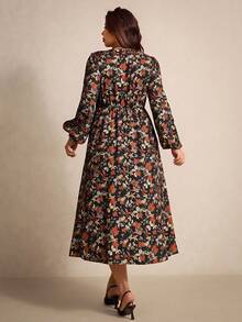 Elaquor Plus Size Elegant Party Floral Print Lantern Sleeve Dress Fall Dresses For Women Floral Midi Dress Midi Dress With Sleeves Plus Size Boho Dress, Fall/Winter Dresses Flower