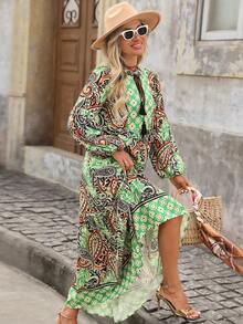 Brillora Autumn/Winter Casual Vacation V-Neck Tassel Tie Bohemian Style Printed Long Sleeve Dress For Women - Multicolor - View 6