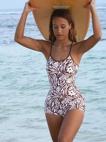 Swim SPRTY Women Summer Brown Polka Floral Print One-Piece Swimsuit,Backless Design Monokini,Suitable For Beach,Holiday,Vacation,Holiday,Casual Sports Swimwear - Multicolor - View 6