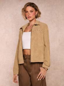 Glamine Áo khoác lông cừu giả da lộn ngắn đính đinh tán màu lạc đà cổ điển dành cho nữ, Thu/Đông - Lạc đà - Xem 3