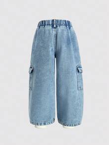 女童时尚贴袋雏菊刺绣阔腿宽松牛仔裤，Y2K复古水洗3D花朵牛仔裤，适合学校、校园、秋冬季节穿着，时尚童裤，复古水洗牛仔裤 - 淺色水洗藍 - 查看 3