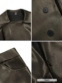 Pariaura Bộ 2 món áo khoác tay dài cổ bẻ màu trơn và chân váy midi thanh lịch dành cho nữ khi đi làm - xanh quân đội - Xem 4