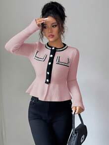 Elenzga Women's Contrast Color Pearl Waist Cardigan, Long Sleeve - Baby Pink - View 5