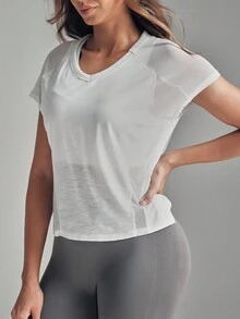 SHEIN Sports 女式纯色圆领插肩短袖运动T恤 - 白色 - 查看 6