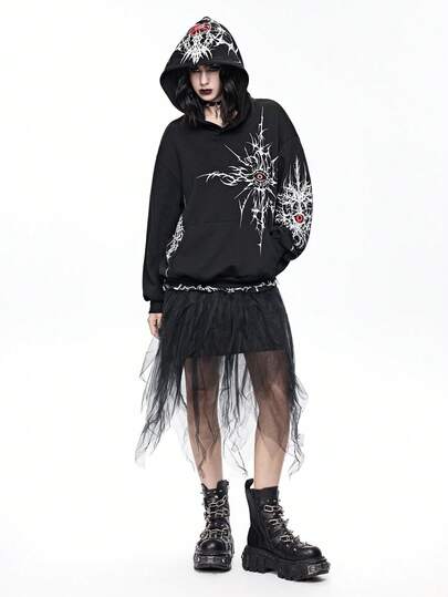 Goth Felpa con cappuccio termica da donna stile gotico con stampa di spine e occhi