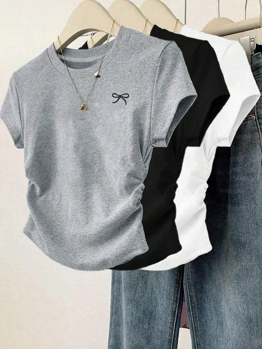 Playeras de mujer estilo casual simple estampado pequeño lazo tela suave color sólido ajustado cuello redondo manga corta primavera/verano set de 3 para oficina y diario - Multicolor - Ver 1