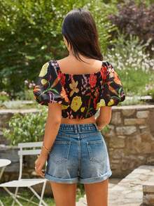 KARISMINA 女士碎花甜心领泡泡袖短款时尚衬衫