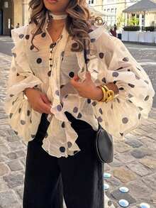 Serisse Blusa de manga larga elegante con estampado de lunares y volantes en el bajo, estilo francés, para playa, brunch, invierno, estilosa, Año Nuevo, Navidad, Acción de Gracias, casual, vintage, minimalista, oficina, perfecta para uso diario - Blanco y Negro - Ver 1