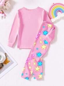 2 Piece Sets Snug Fit Pjs Young Girls Glow-In-The-Dark Cute Unicorn Print Crew Neck Knit Tight Fit Casual Comfortable Long Sleeve Top And Pants Pajama Set .This Product Requires UV Light Exposure To Glow.