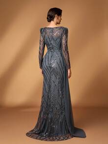 Serin Elegant Luxurious Beaded & Sequin Floral Sheer Sleeve Mermaid Dress With Side Slit, Suitable For Wedding, Party, Vacation, Prom, Mother Of The Bride Evening Gown - Dark Grey - View 4