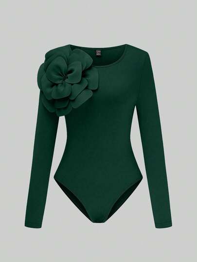 SHEIN Clasi Women's Standard Size Scoop Neck Waist Cinched Floral Decor Elegant Fitted Bodysuit