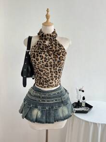 Elamini 性感豹纹毛绒露背吊带皮肩带上衣，秋冬款 - 彩色 - 查看 6