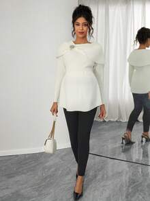 Momance Fitted Maternity Sweater With Turndown Collar, Rhinestone Buttons, Ruffle Hem Design, Elegant For Dates, Long Sleeve Pullover