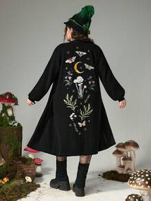 ROMWE Fairycore Áo len cardigan dệt kim dài thêu hình nấm, sao, mặt trăng, bướm và hoa lan cỡ lớn cho nữ, Áo len cardigan dệt kim cỡ lớn cho nữ mùa thu/đông, Áo len dệt kim cỡ lớn thường ngày cho nữ - màu đen - Xem 1