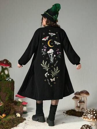 Fairycore Cardigan lungo lavorato a maglia con ricami di funghi, stelle, lune, farfalle e orchidee, per donne taglie forti, cardigan in maglia per donne taglie forti autunno/inverno, maglione in maglia casual per donne taglie forti