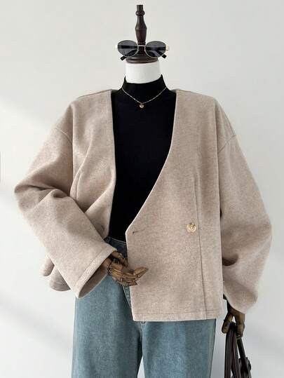 Auralis Plus-Size Women's Autumn/Winter Fashionable Casual Loose Comfortable Everyday Warm Apricot Long-Sleeved Button-Down Coat, Women's Winter Jacket ,Simple Style