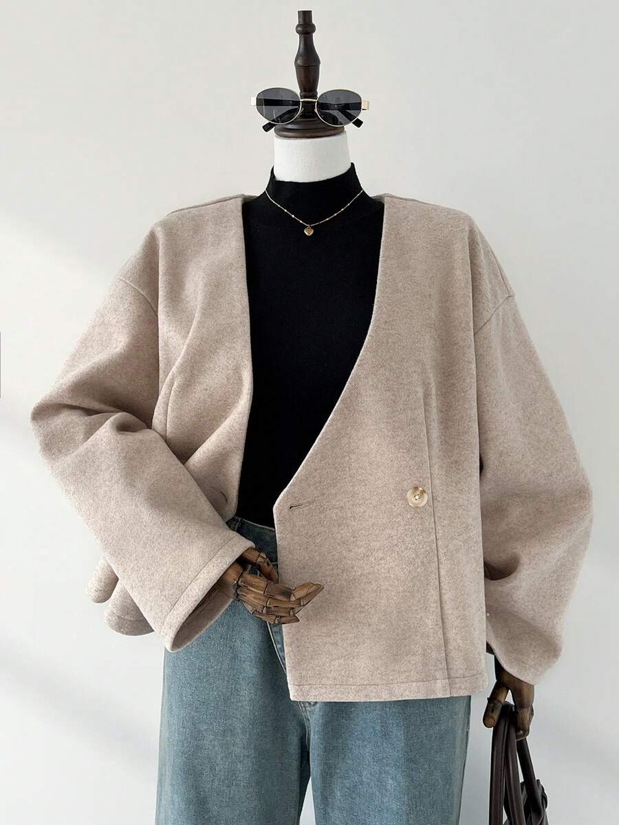 Auralis Plus-Size Women's Autumn/Winter Fashionable Casual Loose Comfortable Everyday Warm Apricot Long-Sleeved Button-Down Coat, Women's Winter Jacket ,Simple Style