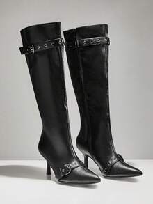 SHUZIA Giày bốt cao đến đầu gối có quai cài, mũi nhọn, gót nhọn quyến rũ dành cho nữ - màu đen - Xem 1