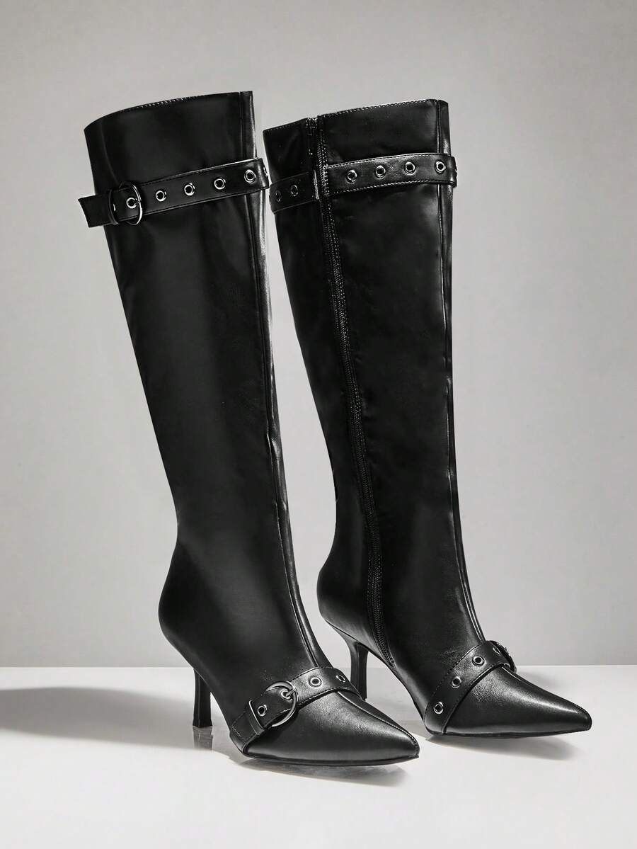 SHUZIA Giày bốt cao đến đầu gối có quai cài, mũi nhọn, gót nhọn quyến rũ dành cho nữ - màu đen - Xem 1