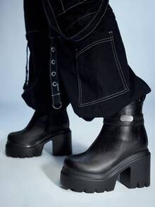 Sugerpunk 2025 朋克风格 PU 皮革圆头中筒靴，厚底，系带，马靴，超高筒靴，秋季/春季 - 黑色 - 查看 6
