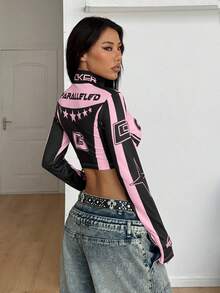 Coolane Tops de cuello alto de ajuste ceñido con mangas, de tela elástica de punto con gráficos, para el día del juego, estilo urbano para mujer - Rosa - Ver 2
