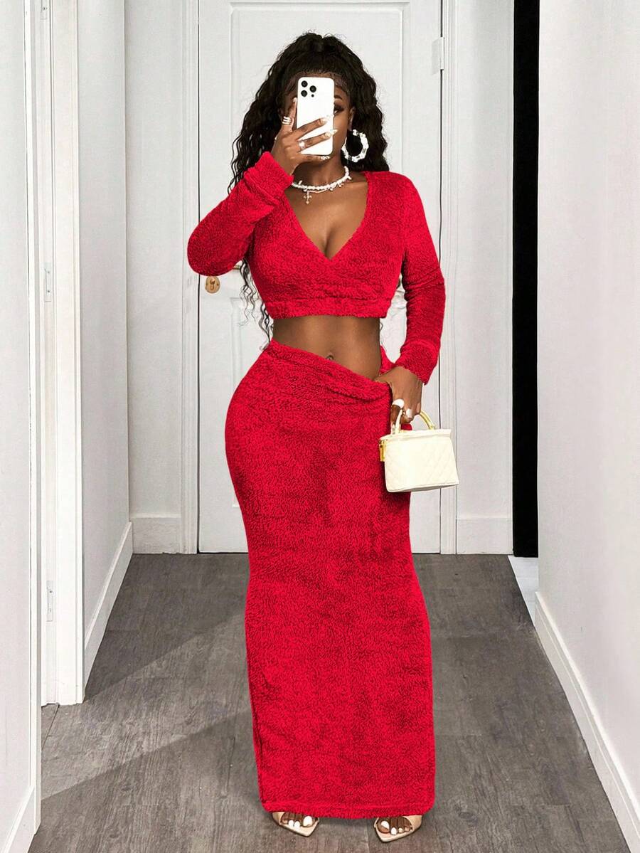 BamGleam Bộ 2 món áo crop top bồng bềnh và chân váy dài cho nữ - Đỏ - Xem 1