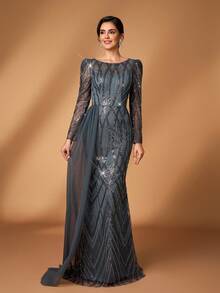 Serin Elegant Luxurious Beaded & Sequin Floral Sheer Sleeve Mermaid Dress With Side Slit, Suitable For Wedding, Party, Vacation, Prom, Mother Of The Bride Evening Gown - Dark Grey - View 2