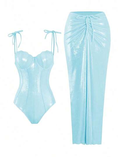 Swim Oasis 2 件套闪亮面料贝壳图案聚拢抹胸式比基尼女式泳衣，夏季