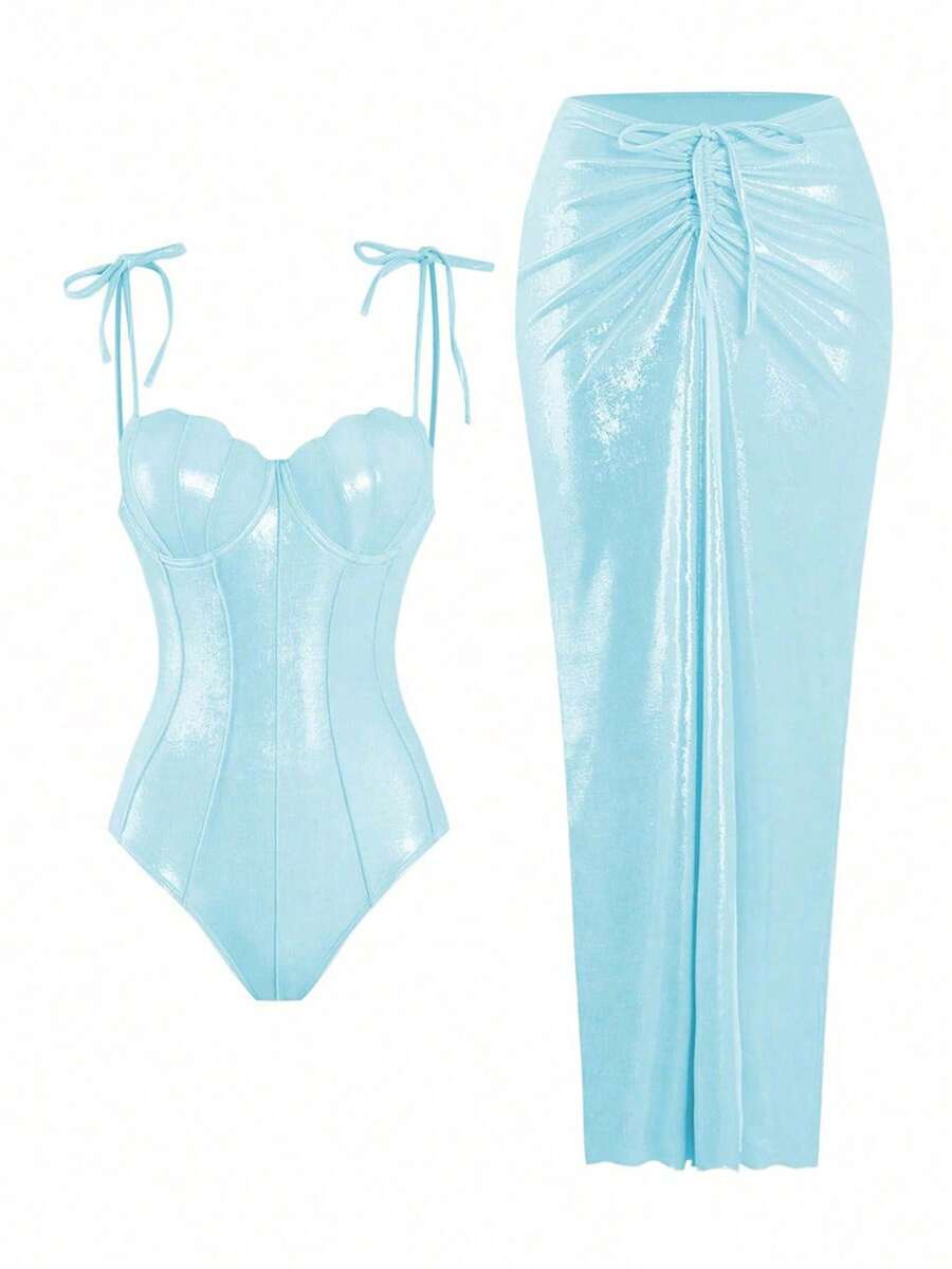 Swim Oasis 2 件套闪亮面料贝壳图案聚拢抹胸式比基尼女式泳衣，夏季 - 藍色 - 查看 1