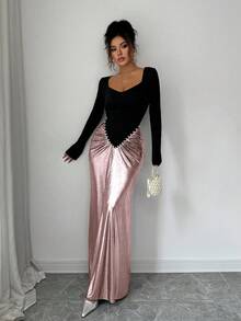 Selianne Damen Farbblock Langarm Kleid mit Perle Dekor und Raffung, elegantes Design - Pink - Übersicht 5