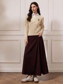 Briarwyn 秋冬老錢風女款V領長袖休閒百搭麻花編織毛衣，返校季復古保暖款 - 杏色 - 查看 4