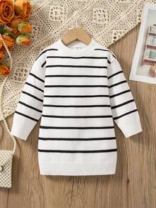 女婴简约条纹长裙，休闲外出皆宜 - 白色 - 查看 2