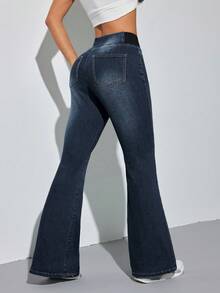 SHEIN PETITE Chic Women's Long Dark Wash Denim Jeans Casual Flare Leg Pants Stretchy Jeans - Dark Wash - View 3