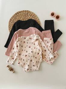 Newborn Baby Girl Cute Casual Ditsy Floral Elastic Knit Long Sleeve Bodysuit, Autumn/Winter