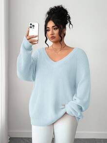 SHEIN Tall CURVE Plus Size Casual V-Neck Raglan Long Sleeve Pullover Sweater - Baby Blue - View 6