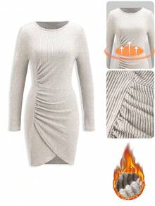 SHEIN Clasi Women's Light Grey Elegant Knitted Thick Thermal Lined Bodycon Dress,Casual Date Autumn Winter Retro Waist Stretch Warm Brushed Fleece Short Dress - Apricot - View 1