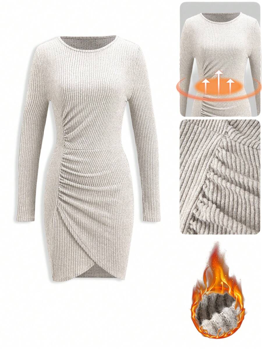 SHEIN Clasi Women's Light Grey Elegant Knitted Thick Thermal Lined Bodycon Dress,Casual Date Autumn Winter Retro Waist Stretch Warm Brushed Fleece Short Dress - Apricot - View 1